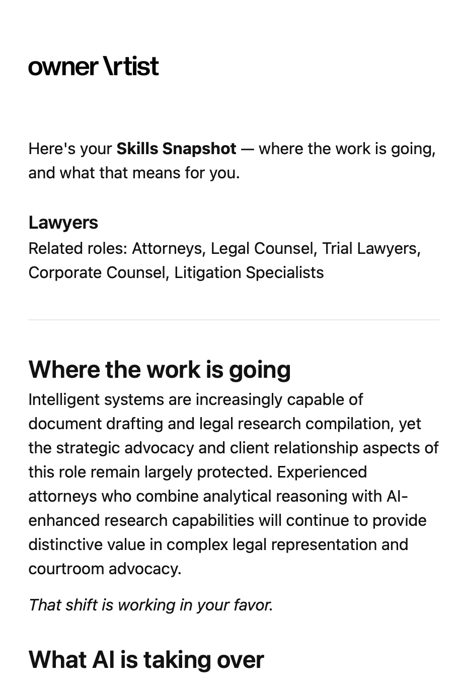 Skills Snapshot sample for Lawyers showing where the work is going and what AI is taking over